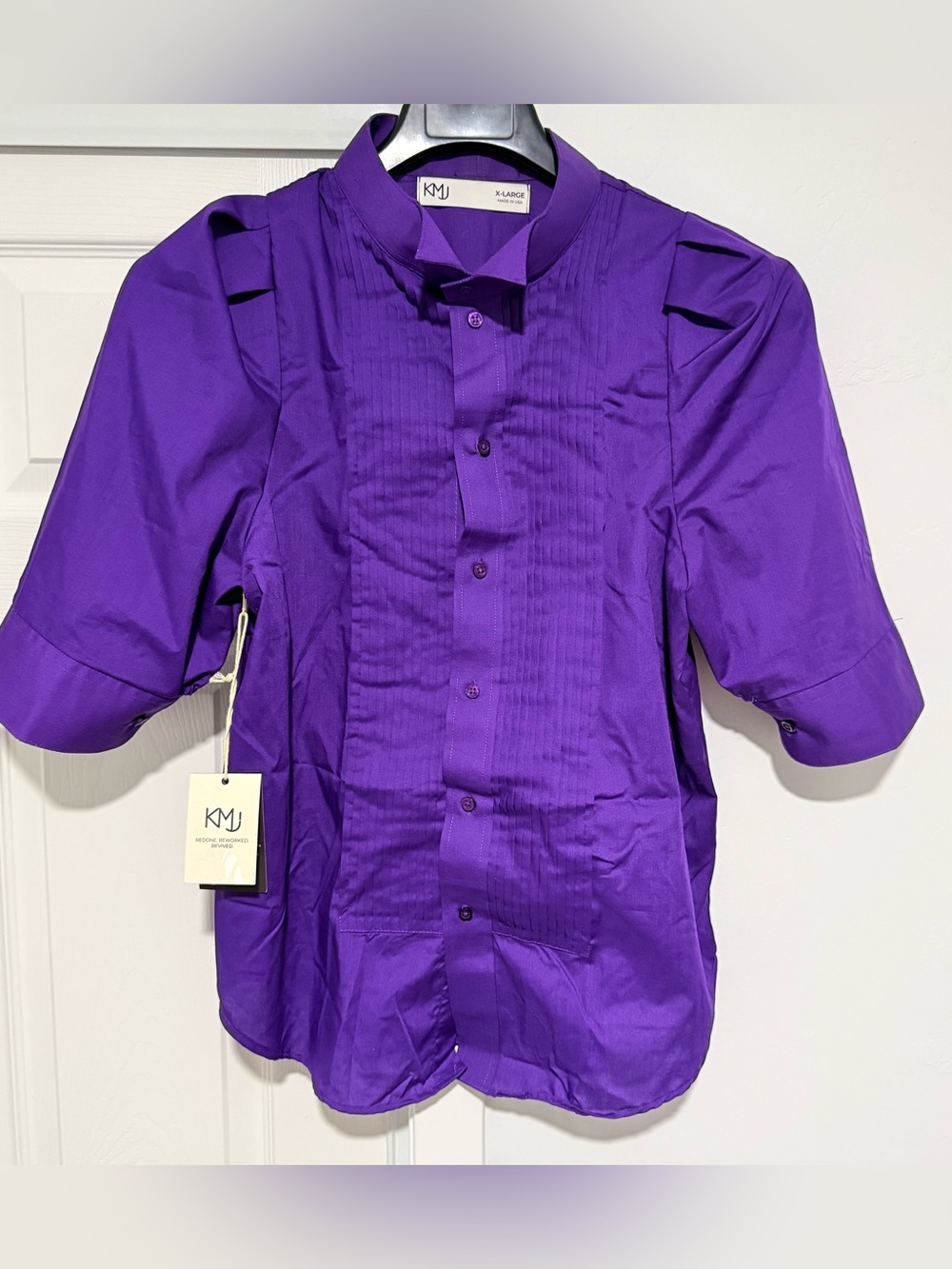 KMJ Pleated Front Wingtip Collar Woman’s Purple Shirt XL Made in USA 🇺🇸 NWT